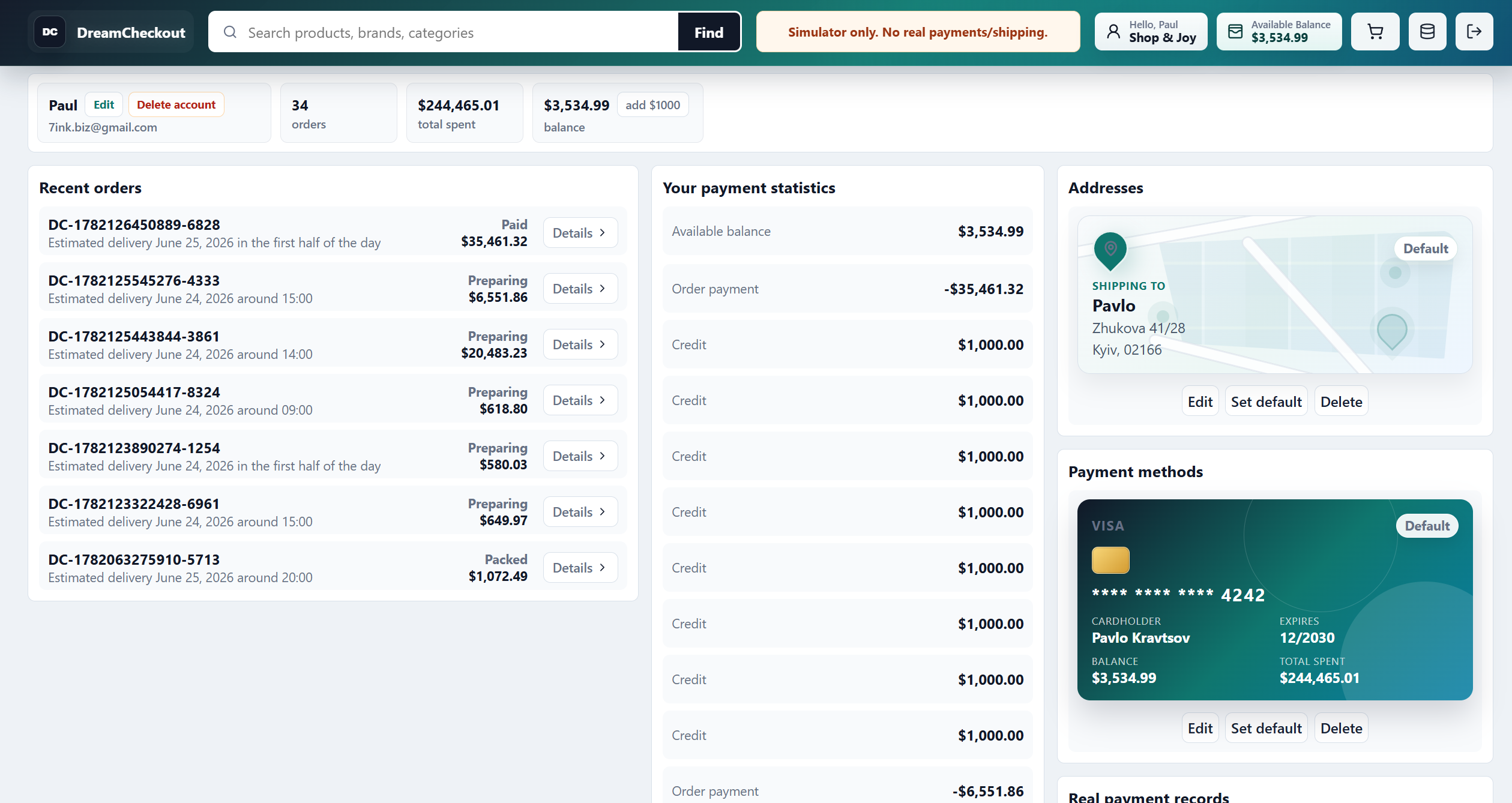 Account and virtual balance screenshot visual snapshot