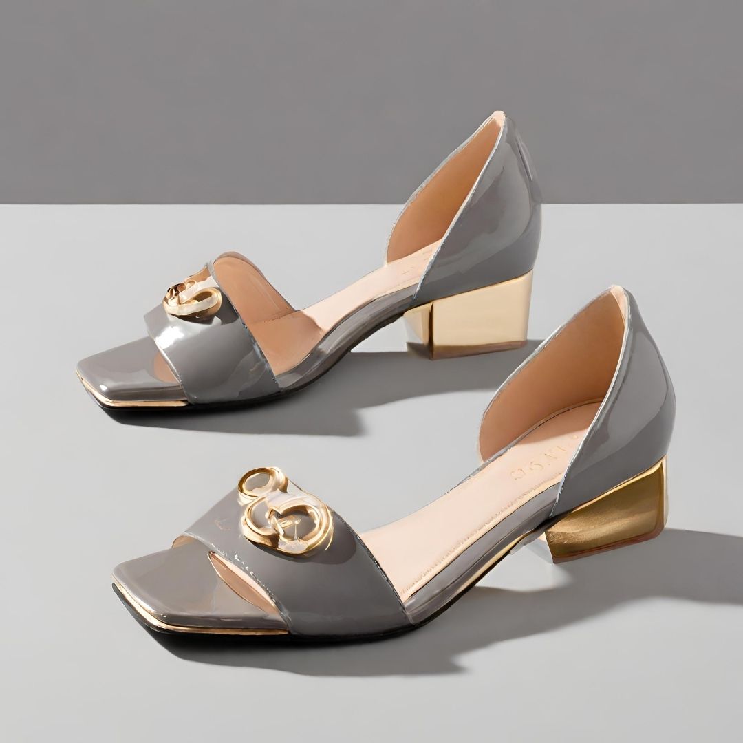 Elegant Patent Leather Peep-Toe Pumps with Gold-Tone Heel view 1