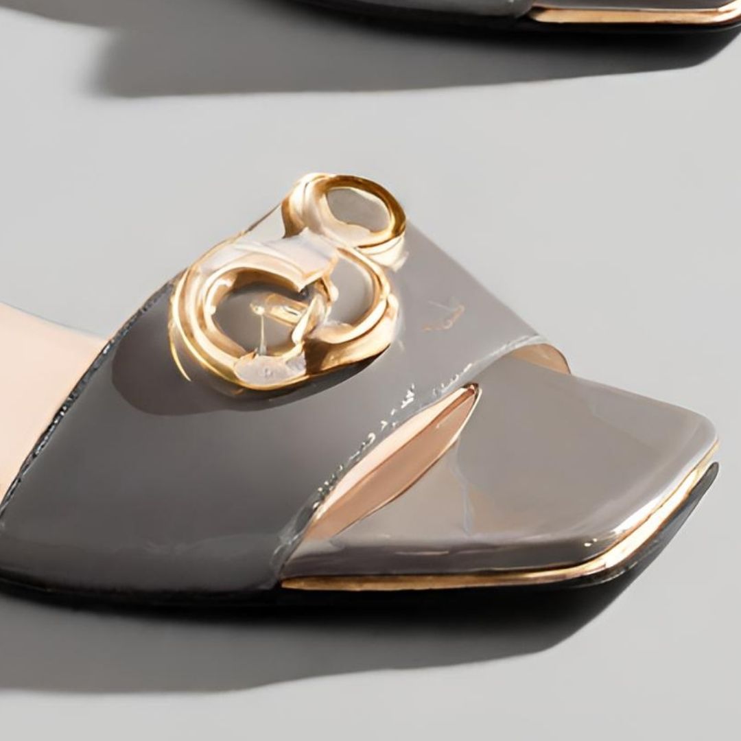 Elegant Patent Leather Peep-Toe Pumps with Gold-Tone Heel view 2