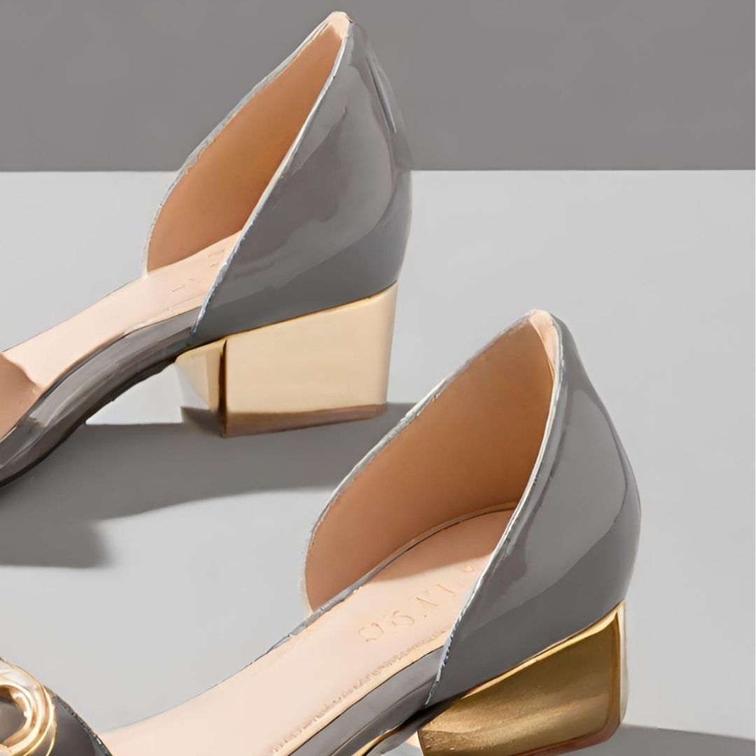 Elegant Patent Leather Peep-Toe Pumps with Gold-Tone Heel view 3